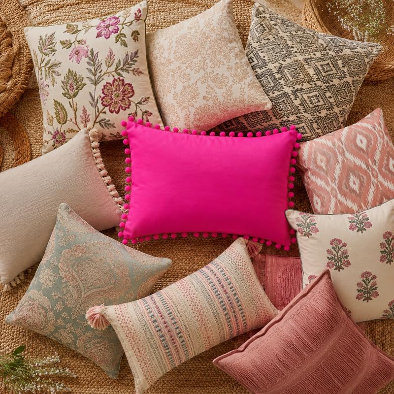 WWW.THROWPILLOW.IN Hot Pink Solid Cotton Cushion Cover with Pom Pom Preppy Decorative Throw Pillow Cover for Dorm Room,Feminine Chic Home Decor Accent Rectangular Cushion 14x20 Inches