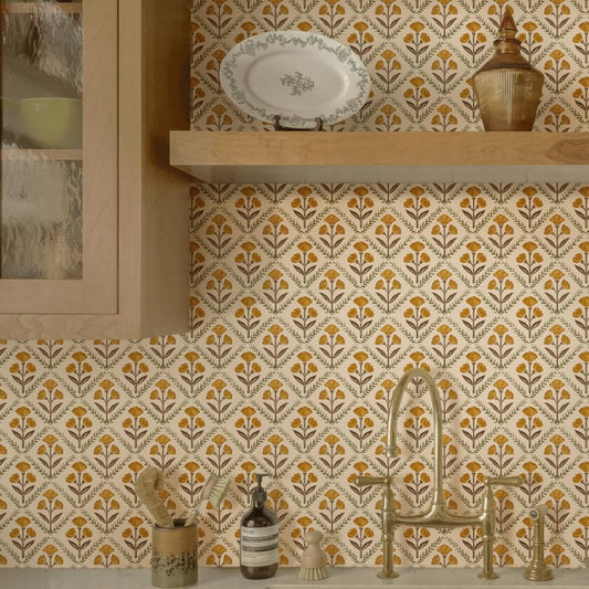 590.5"x17.3" Peel and Stick Wallpaper Floral Cute Contact Paper Vintage Village Country Cottage Wallpaper Farmhouse Yellow Beige Renter Friendly Geometry Waterproof Embossed Kitchen Bedroom - color: Orange, size: 17.3" x 590"