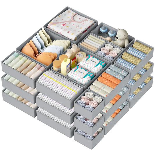 DIMJ Drawer Organizer Clothes Storage - 24 Pack Baby Dresser Organizer for Nursery, Foldable Closet Drawer Organizer Bins for Bedroom Organization, Fabric Storage Dividers for Socks, Underwears, Bras - color: Gray, size: 24 Pack