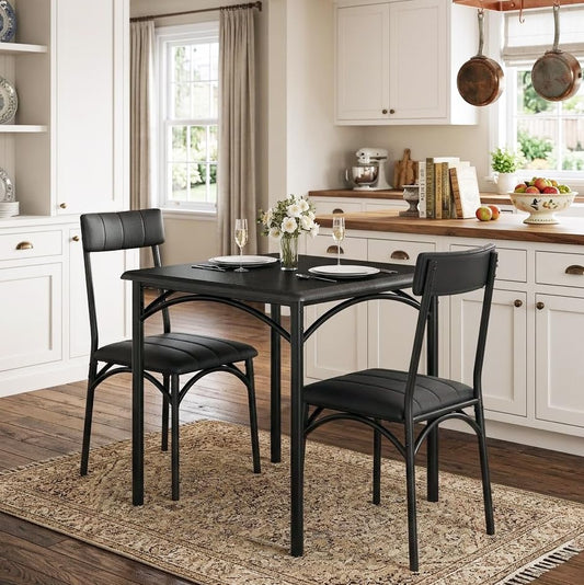 GarveeLife 3-Piece Dining Table Set for 2, Square Kitchen Table & Chairs | Upholstered, Space-Saving Square Kitchen Table Set, Compact Dining Room Furniture for Apartment, Studio - color: Black