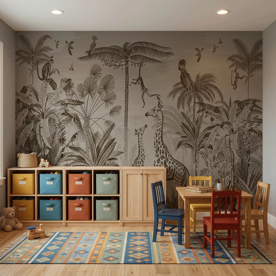ASJ Kids Nursery Peel and Stick Wallpaper Mural, Safari Giraffe Sepia | Seamless edge-to-edge match. Monkey & birds etching artwork, 98x62 in, premium fabric, boys girls room playroom. - color: Sepia, size: 98" x 62"