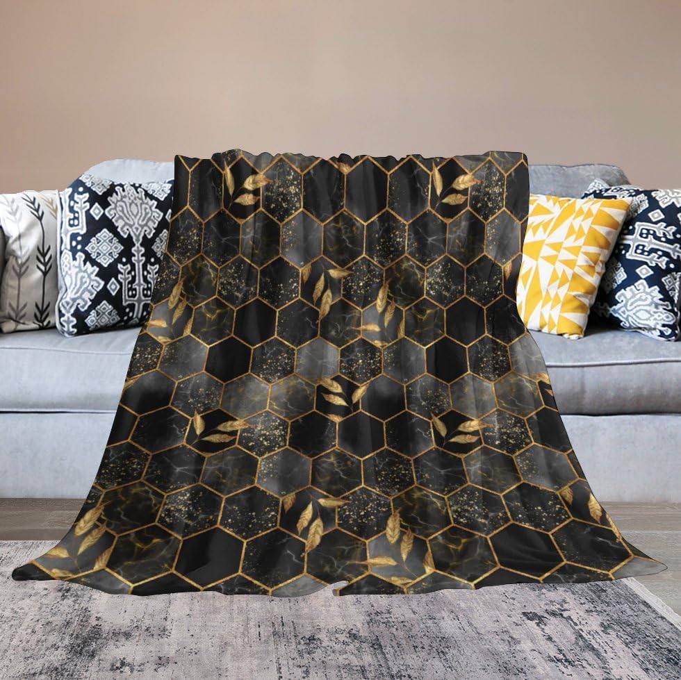 Marble Throw Blanket Black Honeycomb Grid Golden Leaves Pattern Soft Lightweight Warm Plush Blankets for Sofa Bedroom 30"x40" - color: Marble-10, size: 30"x40"