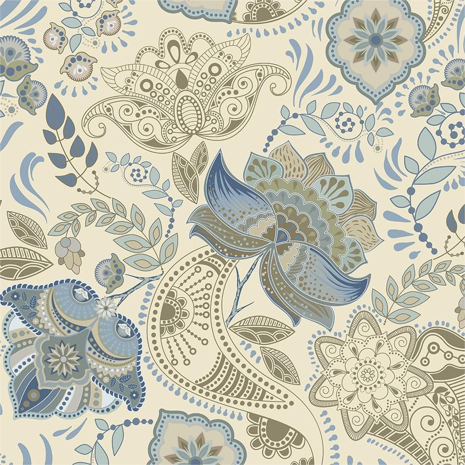 MuralPeel Beige Grey Blue Paisley Flowers Peel and Stick Wallpaper Self Adhesive Removable Easy Peel Off Stick on Wall Paper for Bedroom Cabinet Renter - color: Blue/Cream, size: 17.7" x 118.1"
