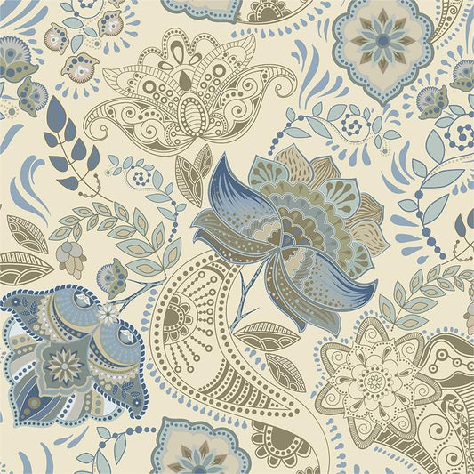 MuralPeel Beige Grey Blue Paisley Flowers Peel and Stick Wallpaper Self Adhesive Removable Easy Peel Off Stick on Wall Paper for Bedroom Cabinet Renter - color: Blue/Cream, size: 17.7" x 118.1"