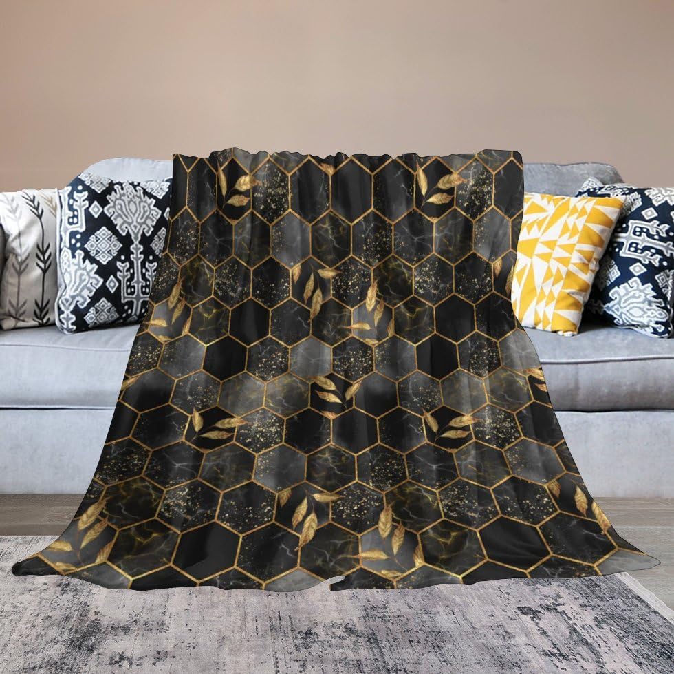 Marble Throw Blanket Black Honeycomb Grid Golden Leaves Pattern Soft Lightweight Warm Plush Blankets for Sofa Bedroom 50"x60" - color: Marble-10, size: 50"x60"