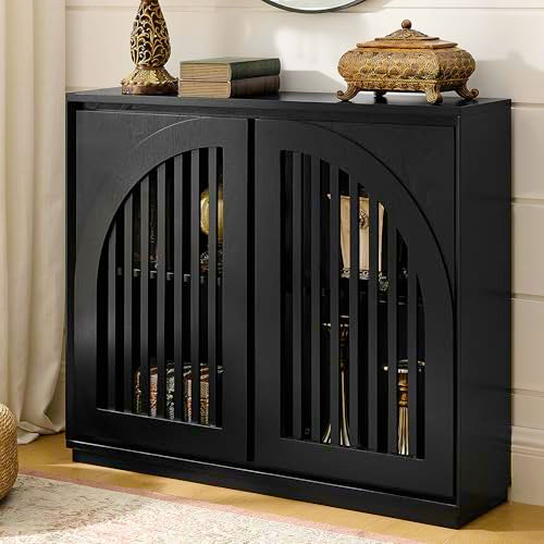 Mid Century Modern Small Sideboard Cabinet 39'' Narrow Dining Buffet Coffee Bar Accent Storage Cabinet for Living Room Hallway Entryway, Black - color: Black, size: Slat Doors