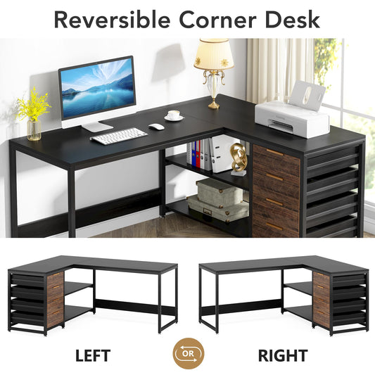 LITTLE TREE 59-Inch L Shaped Desk with Drawers, Large Computer Desk with Storage Shelves, Reversible L-Shaped Corner Desk Workstation for Home Office - color: Black