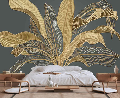 Large Banana Leaf Wallpaper on Gray Background, Art Wall murals for Bedroom, Living Room, Bathroom(Non-self-Adhesive) - color: 106, size: 127" x 77"