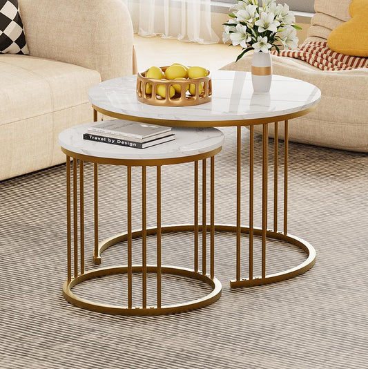 Coffee Table Faux Marble Nesting Table for Small Place 2 Sets Modern Furniture Living Room Sets End Side Table Night Stand for Bed Room Dining Room (White & Gold) - color: Gold