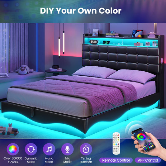 Bed Frame Twin Size with Lift Up Storage, PU Black | Power Outlet & RGB Lights, Upholastered Storage Headboard, Hydraulic Twin Bed with Steel Slats, No Box Spring Needed - color: Pu Black, size: Twin