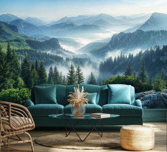 Misty Pine Forest Wall Paper Mural Peel and Stick for Living Room | Foggy Mountain Scenery Self Adhesive Wall Mural 157“x108" - color: W-080, size: 157" x 108"