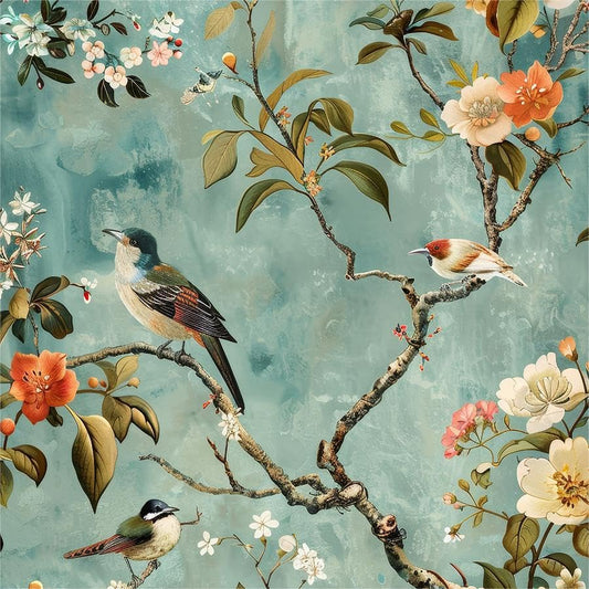 Light Blue Green Vintage Bird Cream Orange Flowers Peel and Stick Wallpaper Contact Paper Vintage Vinyl Stick on Wall Paper for Bedroom Bathroom Kitchen Cabinet Renter Friendly - color: Blue/Orange, size: 17.7" x 118"