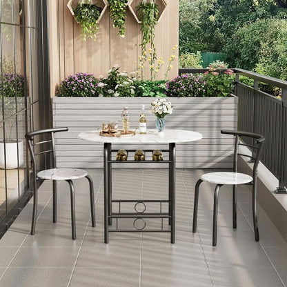 Shahoo 3-Piece Dining Table Set for 2, Kitchen Breakfast Nook Set | 2 Chairs & Round Tabletop, Space Saving Wooden Furniture Metal Frame and Built-in Wine Rack, Marble White & Black - color: Marble White & Black