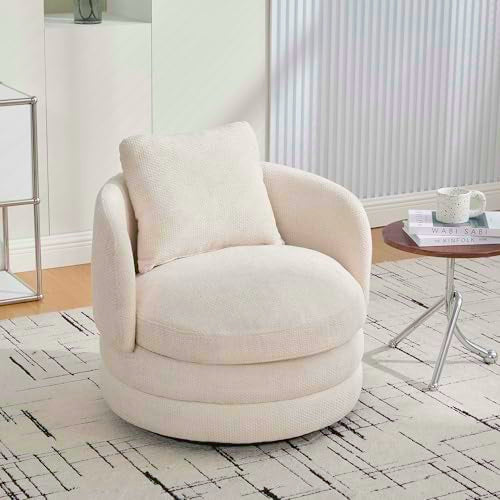 360° Small Swivel Accent Chair, Round Swivel Barrel Chair with Round Backrest & Wide Seat, Comfy Chenille Barrel Chairs for Living Room, Bedroom Easy 15-Min Assembly, Boucle (Beige) - color: Beige