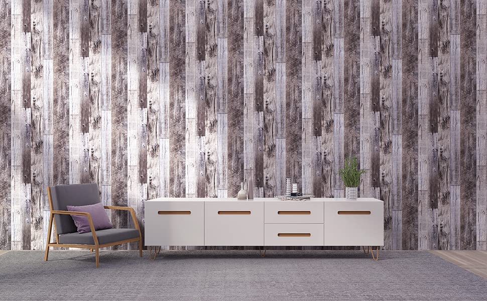 Yun-aeon Gray Wood Peel and Stick Wallpaper 17.3" X 400" Self Adhesive Wallpaper Backsplash Line Removable Wall Paper Bathroom Old Furniture Renovation Furniture - color: Natural Wood-Gray, size: 17.3" x 400"