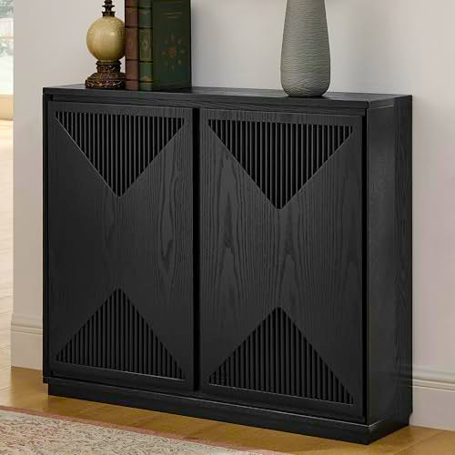 Mid Century Modern Small Sideboard Cabinet 39-Inch Narrow Dining Buffet Coffee Bar Accent Storage Cabinet for Living Room Hallway Entryway, Black - color: Black, size: Fluted Doors