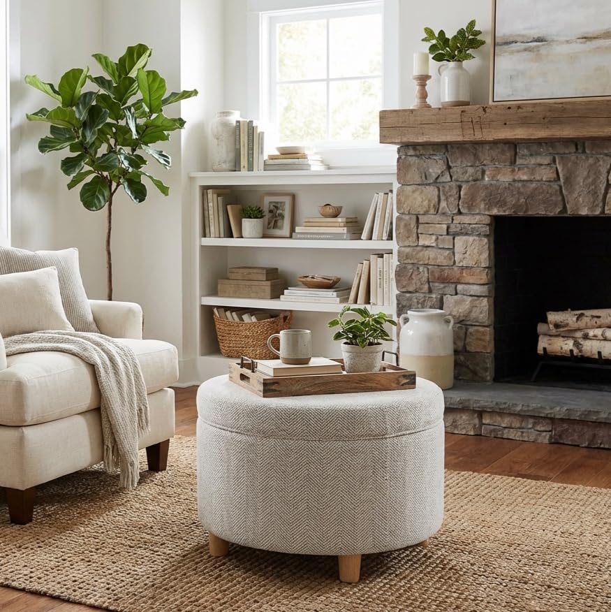 HomePop 24" Large Round Storage Ottoman - Cream Chevron Woven - color: Cream Chevron Woven