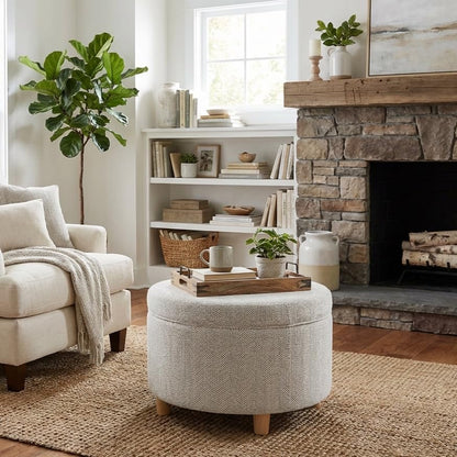 HomePop 24" Large Round Storage Ottoman - Cream Chevron Woven - color: Cream Chevron Woven