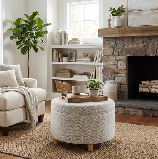 HomePop 24" Large Round Storage Ottoman - Cream Chevron Woven - color: Cream Chevron Woven