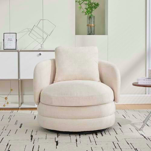 360° Small Swivel Accent Chair, Round Swivel Barrel Chair with Round Backrest & Wide Seat, Comfy Chenille Barrel Chairs for Living Room, Bedroom Easy 15-Min Assembly, Boucle (Beige) - color: Beige