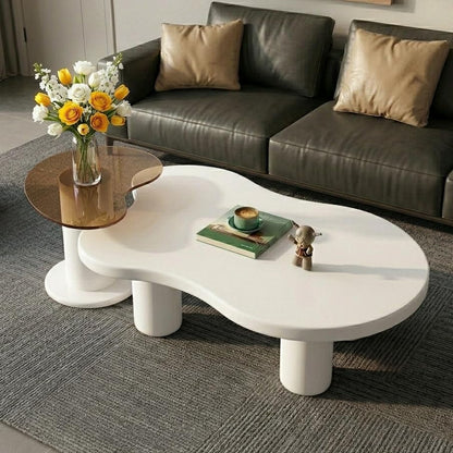 Modern Nesting Coffee Table Set of 2 Irregular Cloud Shape Cream White Center Table Space Saving eAccent Tables for Living Room Apartment Bedroom Office Minimalist Decor