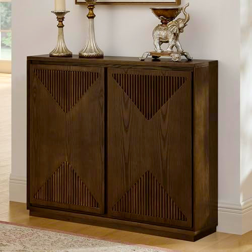 Mid Century Modern Small Sideboard Cabinet 39-Inch Narrow Dining Buffet Coffee Bar Accent Storage Cabinet for Living Room Hallway Entryway, Brown - color: Brown, size: Fluted Doors