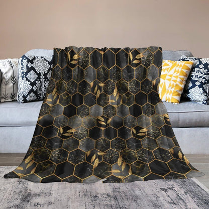 Marble Throw Blanket Black Honeycomb Grid Golden Leaves Pattern Soft Lightweight Warm Plush Blankets for Sofa Bedroom 60"x80" - color: Marble-10, size: 60"x80"