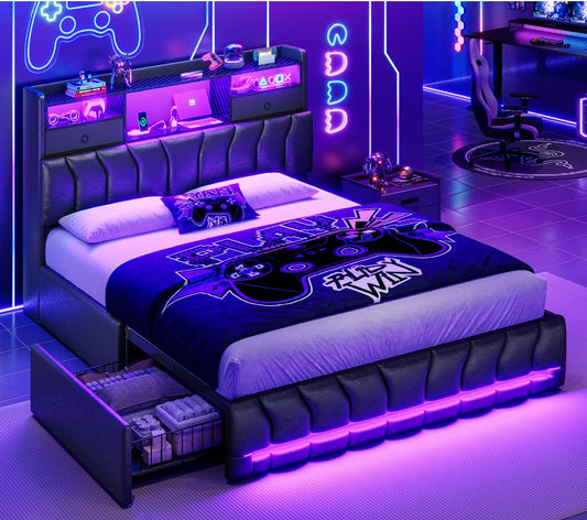 DICTAC Full Bed Frames with Storage Headboard and 2 Large Drawers, Gaming Bed with RGB Lights and Charging Station, Leather Upholstered Platform Bed, Esports-Style Bed, No Box Spring Needed, Black - color: Black, size: Full