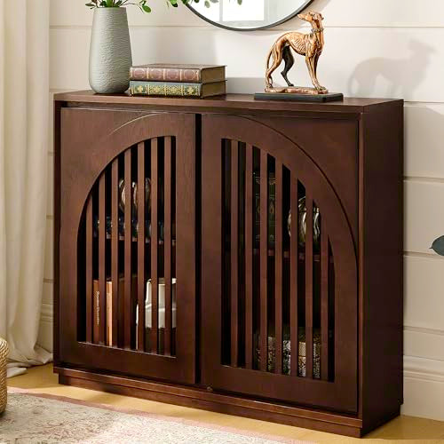Mid Century Modern Small Sideboard Cabinet 39'' Narrow Dining Buffet Coffee Bar Accent Storage Cabinet for Living Room Hallway Entryway, Dark Walnut - color: Dark Walnut, size: Slat Doors