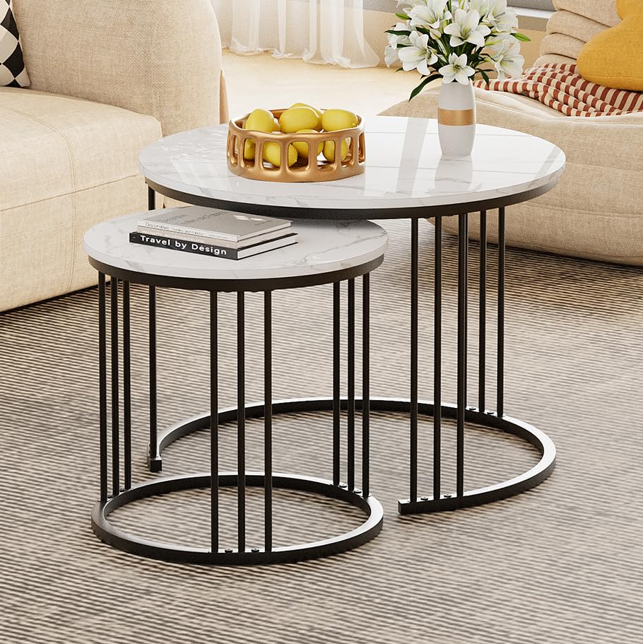 Coffee Table Faux Marble Nesting Table for Small Place 2 Sets Modern Furniture Living Room Sets End Side Table Night Stand for Bed Room Dining Room (Black & White) - color: Black