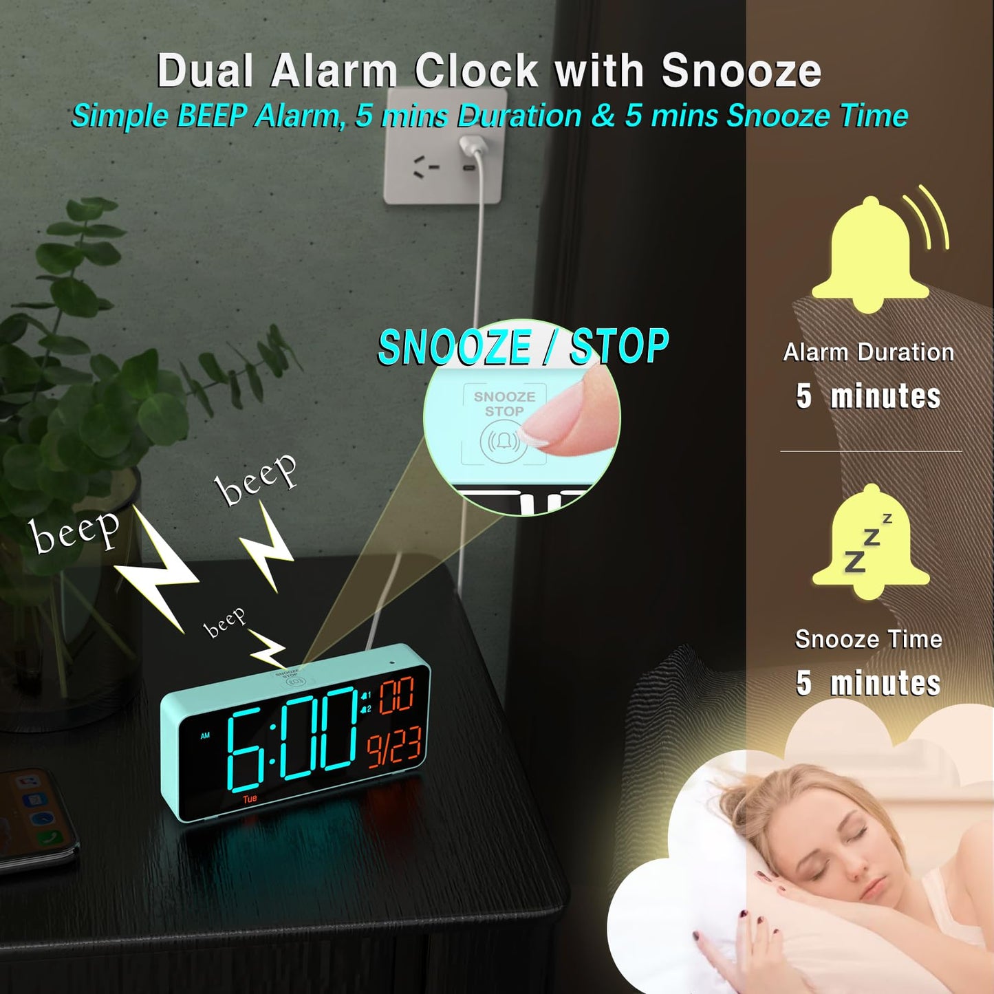 Alarm Clock for Bedroom, 6.7in Small Digital Clock, Auto Dimming, Room Temperature, Day of The Week, Date, Alarm Clocks for Living Room, Desk Clocks - color: Blue (Blue + Orange Digits)