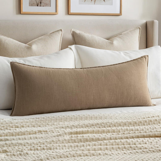 MIULEE Decorative Linen Lumbar Pillow Cover 14x36 Inch Khaki | Fall Autumn Boho FarmhouseCouch Long Throw Pillow for Bed, Pack of 1 Accent Modern Pillowcase, Sofa Livingroom Home Decor - color: Khaki, size: 36" x 14" (Pack of 1)