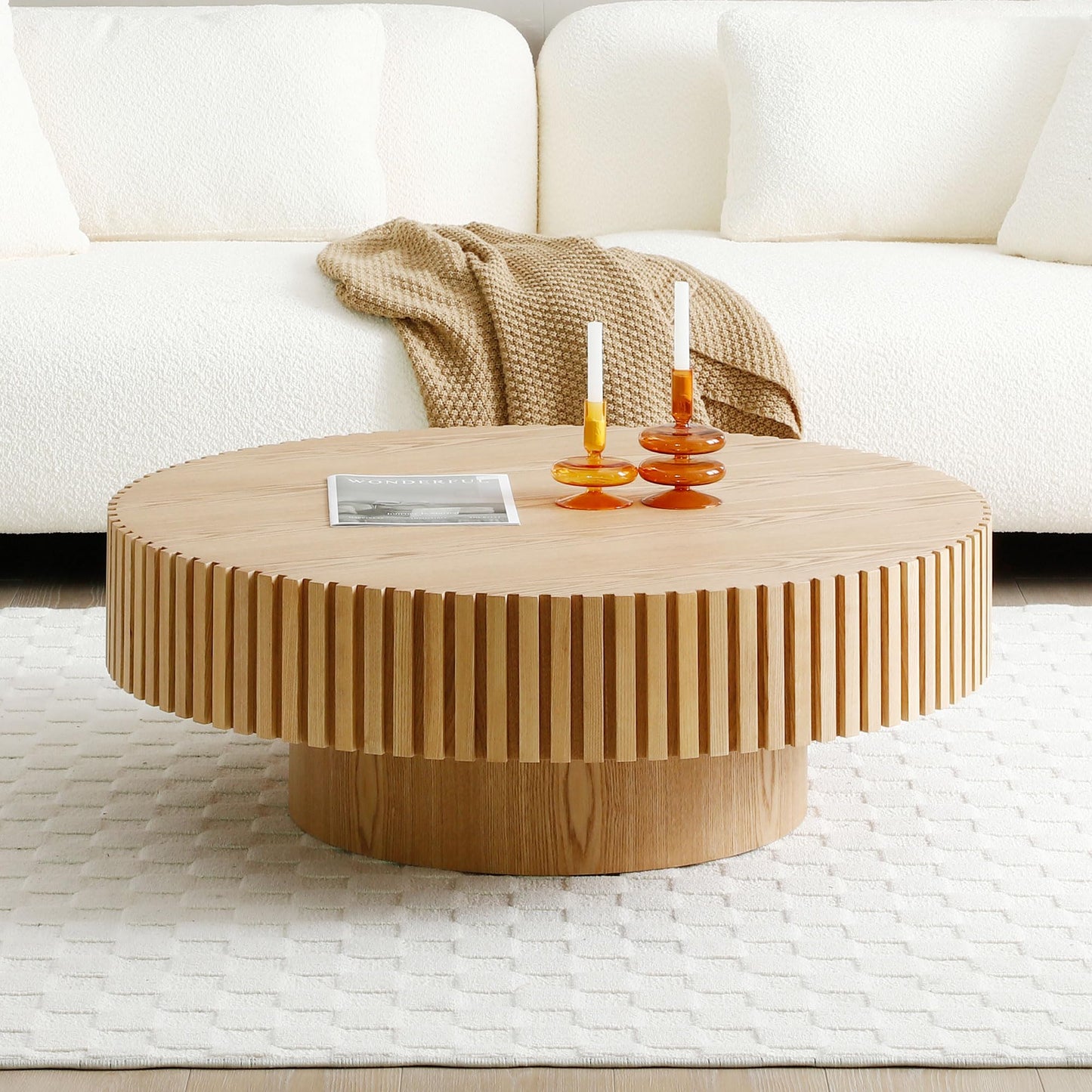 31.49''Round Coffee Table for Living Room, Modern Wood Nesting Coffee Table Handcraft Circle Fluted Drum Coffee Table, Easy Assembly,Oak - color: Oak, size: 31.49"x17.91"x13.77"